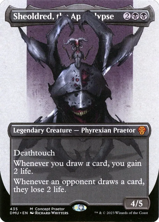2022 Dominaria United Sheoldred, the Apocalypse [Borderless] mythic #435 mythic card image
