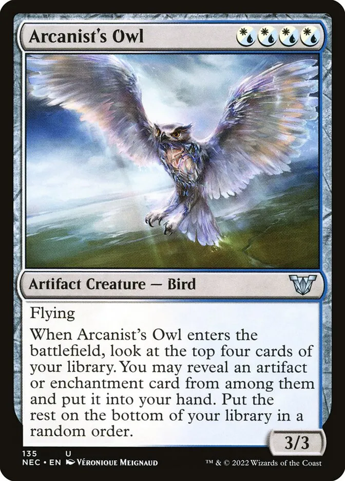 2022 Neon Dynasty Commander Arcanist's Owl #135 uncommon card image