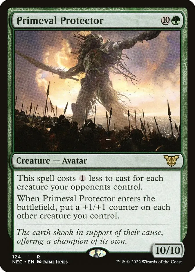 2022 Neon Dynasty Commander Primeval Protector #124 rare card image