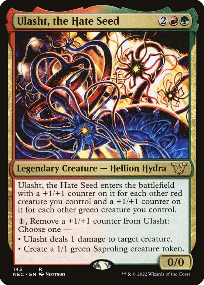 2022 Neon Dynasty Commander Ulasht, the Hate Seed #143 rare card image