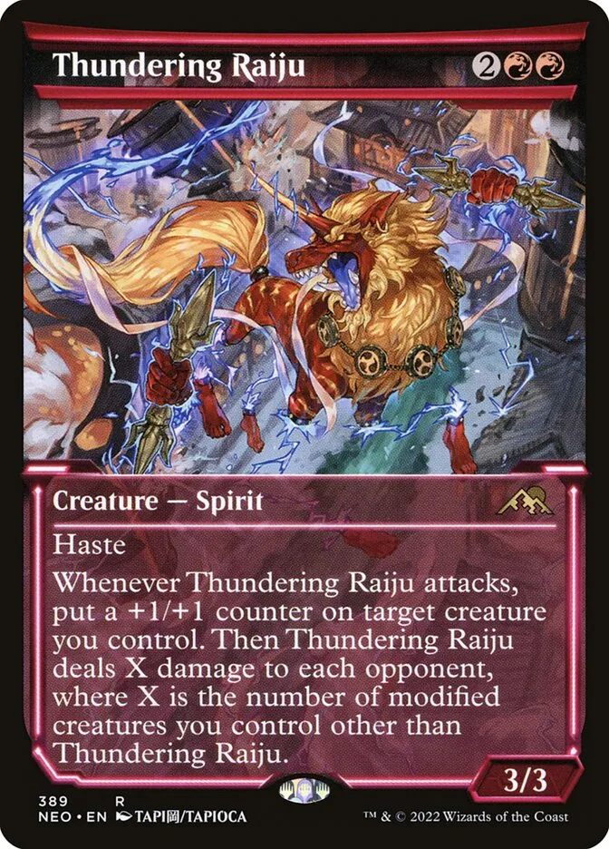 2022 Kamigawa: Neon Dynasty Thundering Raiju #389 rare card image