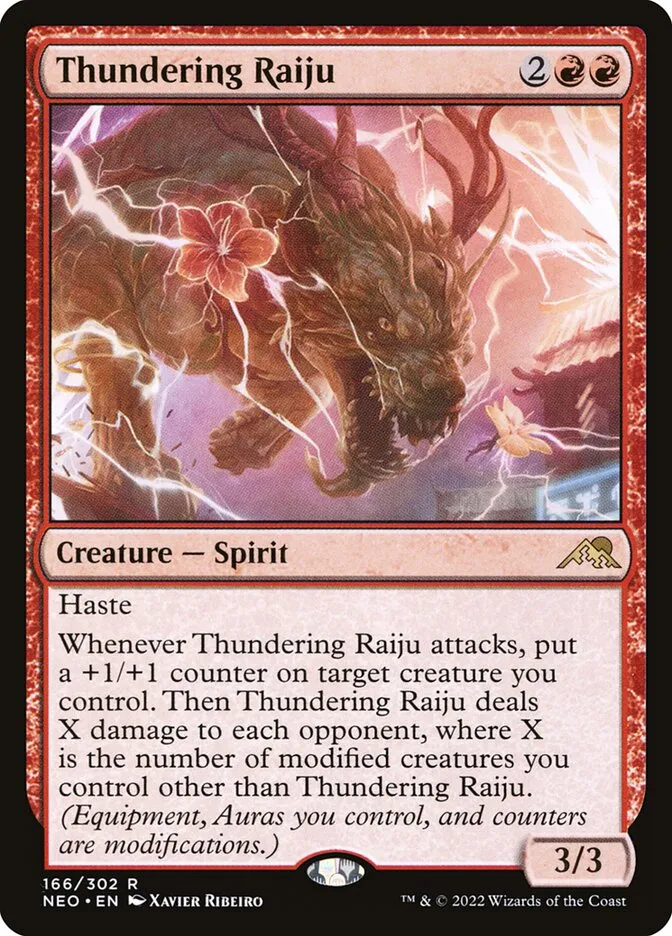 2022 Kamigawa: Neon Dynasty Thundering Raiju #166 rare card image