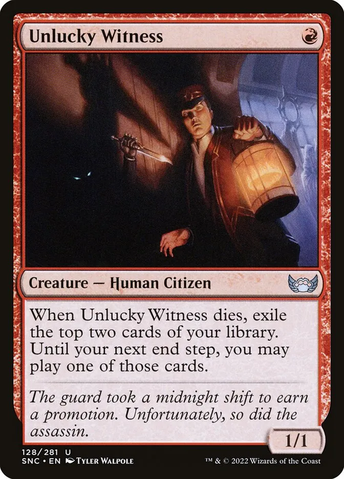 2022 Streets of New Capenna Unlucky Witness #128 uncommon card image