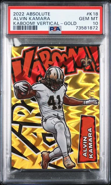 2022 Panini Absolute Alvin Kamara Kaboom! Vertical Gold #K18 card image