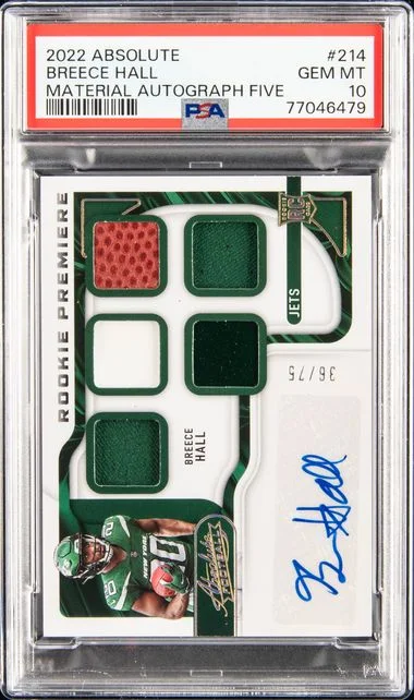 2022 Panini Absolute Breece Hall Material Autograph Five #214 card image