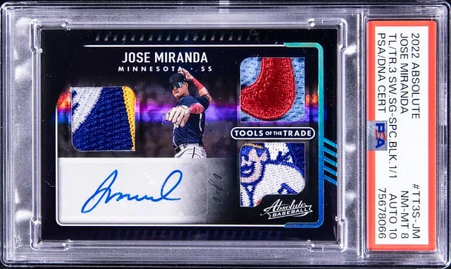2022 Panini Absolute Jose Miranda Tools of the Trade 3 Swatch Signatures Spectrum Black #TT3S-JM card image