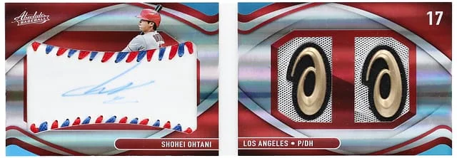 2022 Panini Absolute Shohei Ohtani Material Booklet Signatures Spectrum Red and Blue #BMBS-SO card image