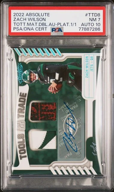 2022 Panini Absolute Ttd8 Zach Wilson Tools Of The Trade Materials Double Autos Platinum #1/1 card image