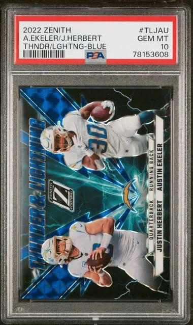2022 Panini Austin Ekeler/Justin Herbert Zenith Thunder & Lightning Blue #TLJAU card image