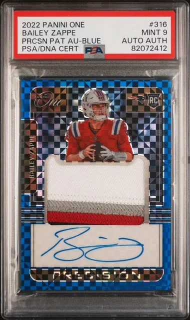 2022 Panini Bailey Zappe One Precision Patch Autograph-Blue (RPA) #316 card image