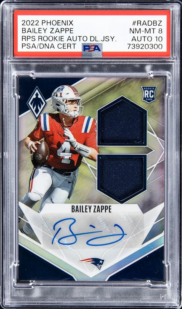 2022 Panini Bailey Zappe Phoenix Autographs Dual Jersey #RAD-BZ card image