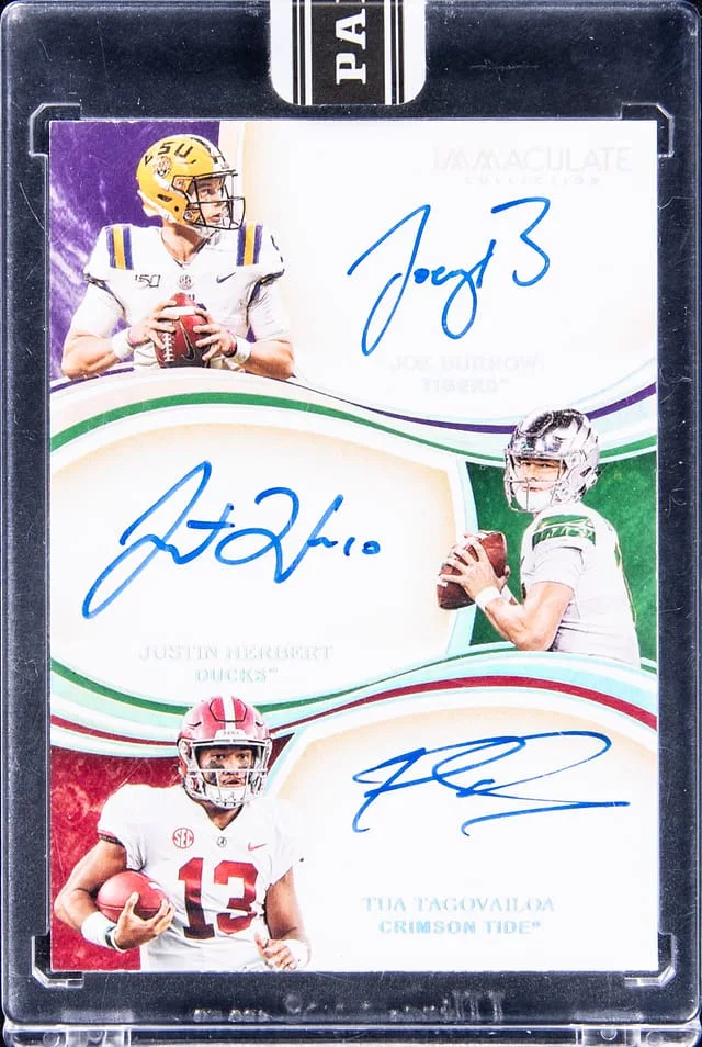 2022 Panini Black Joe Burrow/Justin Herbert/Tua Tagovailoa Multi-Signed Card - Panini Encased Box '20 Immaculate Collection Collegiate Immaculate Trios Autographs #4 card image