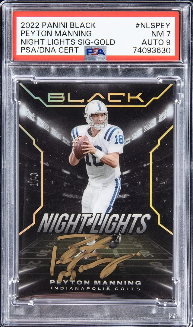 2022 Panini Black Peyton Manning Night Lights Signatures Gold #NLS-PEY card image