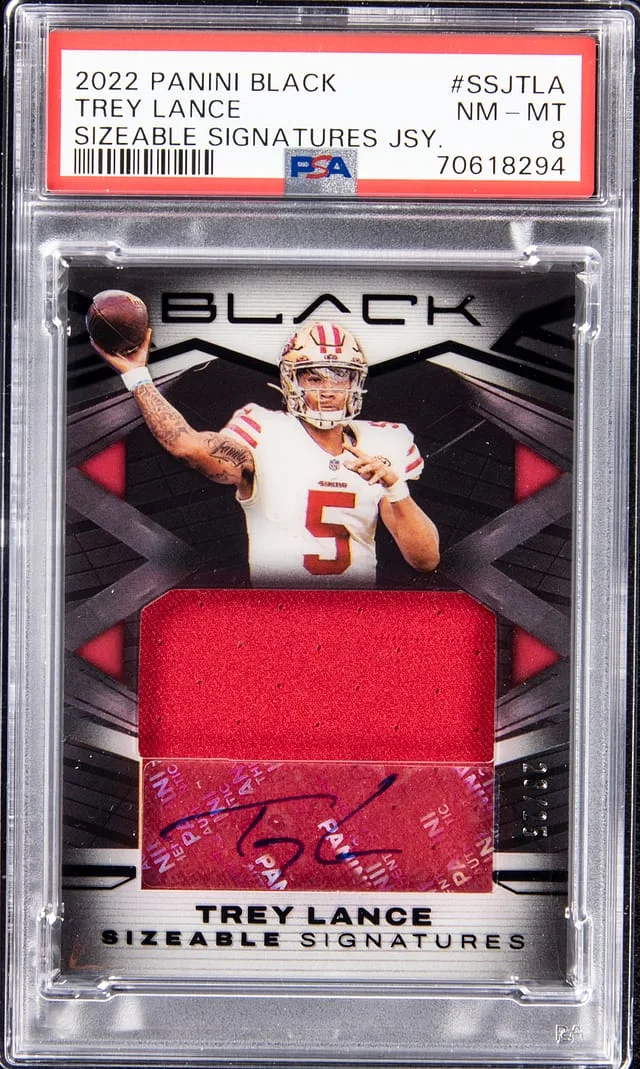 2022 Panini Black Trey Lance Sizeable Jersey Signatures Gold #SSJ-TLA card image