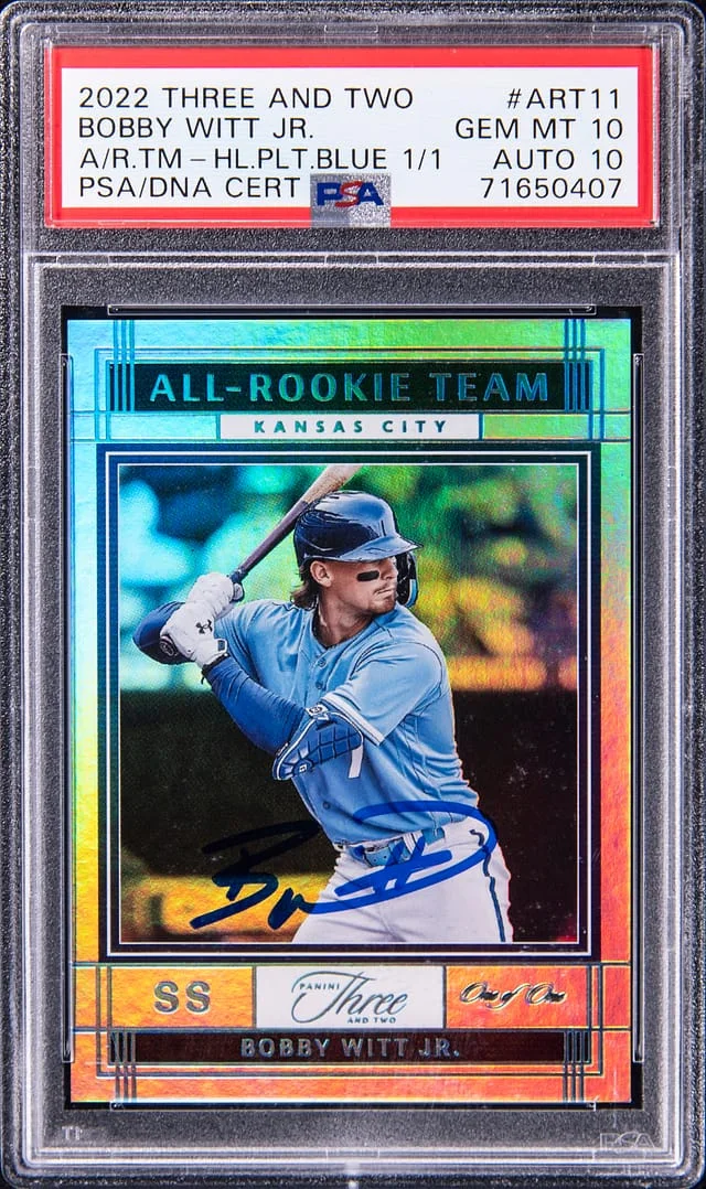 2022 Panini Bobby Witt Jr. Three and Two All- Team Holo Platinum Blue #ART-11 card image