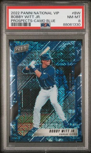 2022 Panini Bobby Witt Jr. National VIP Prospects Camo Blue #BW card image
