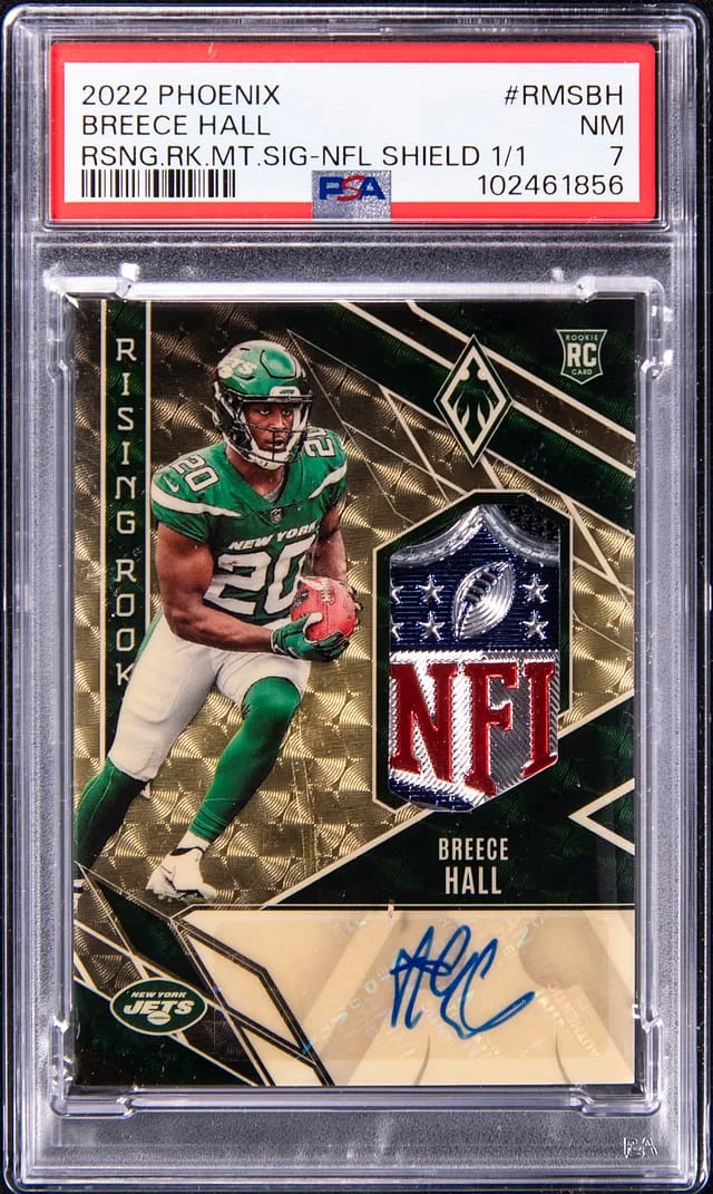 2022 Panini Breece Hall Phoenix Rising Material Signatures NFL Shield #RMS-BH card image
