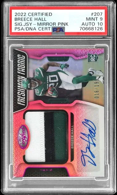 2022 Panini Certified Breece Hall Signature Jersey Mirror Pink #207 card image