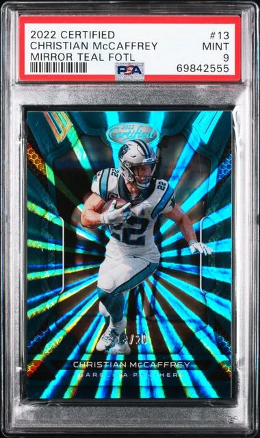 2022 Panini Certified Christian McCaffrey Mirror Teal Fotl #13 card image