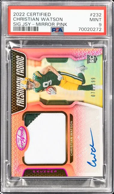 2022 Panini Certified Christian Watson Signature Jersey-Mirror Pink #232 card image