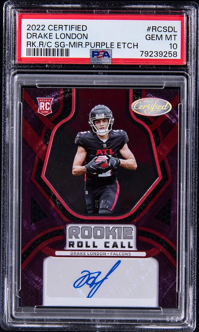 2022 Panini Certified Drake London Roll Call Signatures Mirror Purple Etch #RCSDL card image