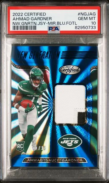 2022 Panini Certified New Generation Jerseys Mirror Blue Fotl Ngjag Ahmad Sauce Gardner #no-number card image