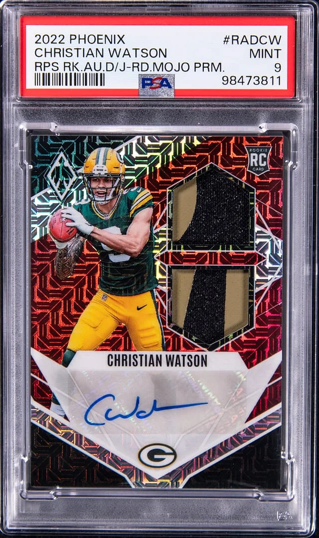 2022 Panini Christian Watson Phoenix Autograph Dual Jersey Red Mojo Prizm #RAD-CW card image