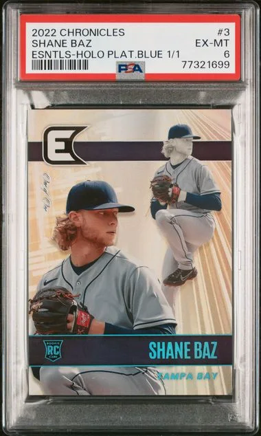 2022 Panini Chronicles 3 Shane Baz Essentials Holo Platinum Blue #1/1 card image