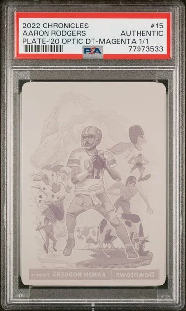 2022 Panini Chronicles Aaron Rodgers Printing Plates 2020 Donruss Optic Downtown-Magenta Priting Plate 1/1 #15 card image