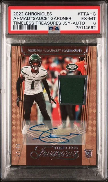 2022 Panini Chronicles Ahmad Sauce Gardner Timeless Treasures Patch Autograph (RPA) #TT-AHG card image