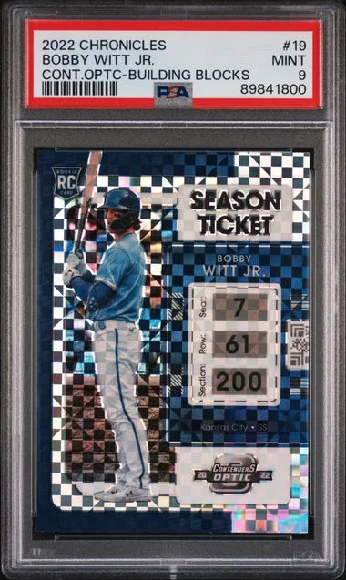 2022 Panini Chronicles Bobby Witt Jr. Contenders Optic Building Blocks Season Ticket #19 card image