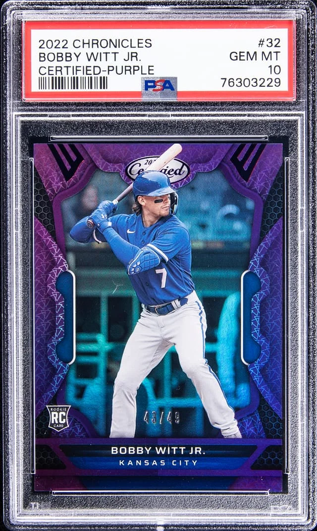 2022 Panini Chronicles Bobby Witt Jr. Certified Purple #32 card image