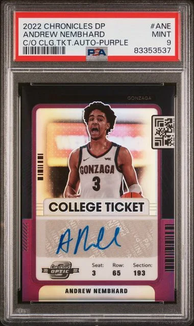 2022 Panini Chronicles Draft Picks Andrew Nembhard Contenders Optic College Ticket Autographs Purple #ANE card image