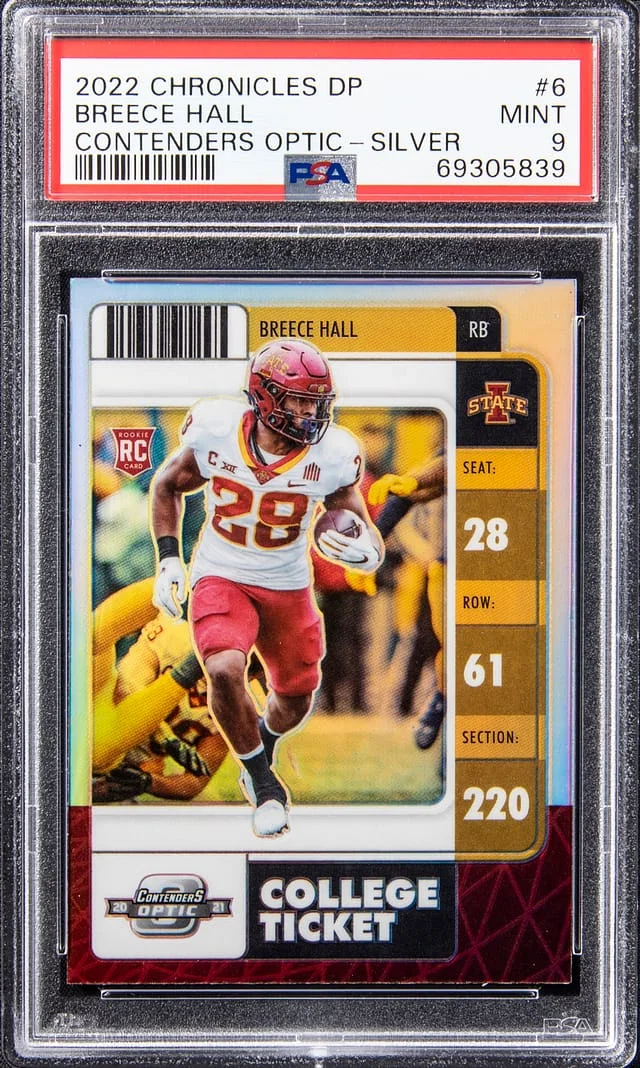 2022 Panini Chronicles Draft Picks Breece Hall Contenders Optic Silver #6 card image
