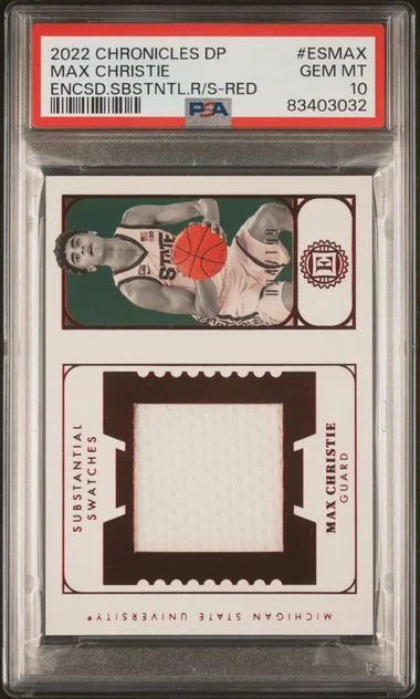 2022 Panini Chronicles Draft Picks Encased Substantial Swatches Red Esmax Max Christie #no-number card image