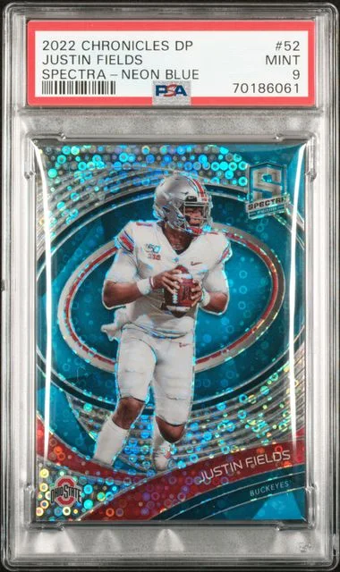 2022 Panini Chronicles Draft Picks Justin Fields Spectra Neon Blue #52 card image