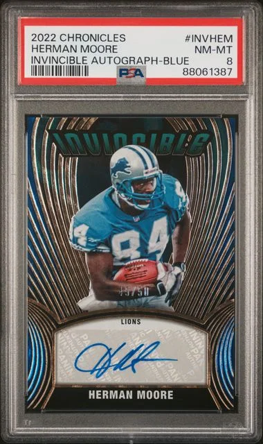 2022 Panini Chronicles Herman Moore Invincible Autographs Blue #INVHEM card image