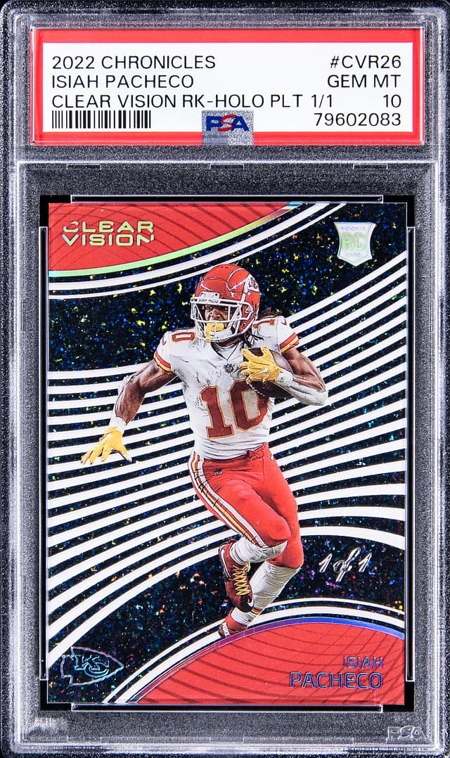 2022 Panini Chronicles Isiah Pacheco Clear Vision Holo Platinum #CVR-26 card image