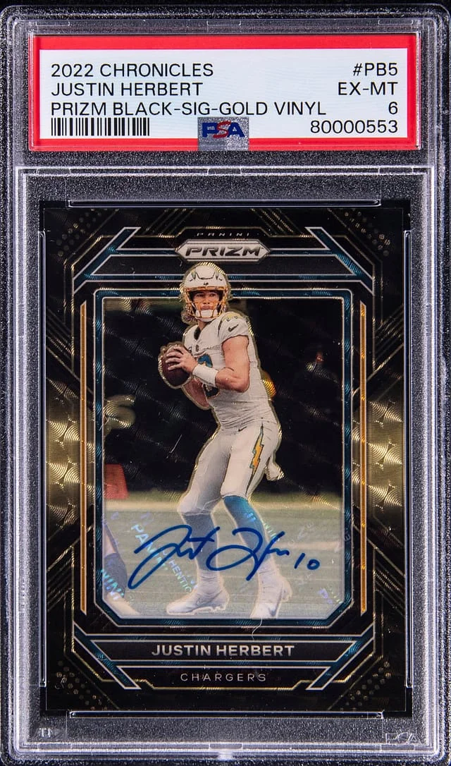 2022 Panini Chronicles Justin Herbert Prizm Black Signatures Gold Vinyl Prizm #PB-5 card image