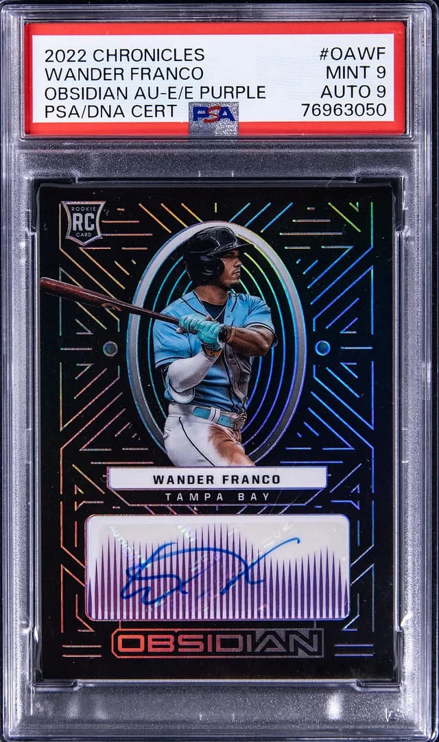2022 Panini Chronicles Wander Franco Obsidian Autographs Electric Etch Purple #OAWF card image