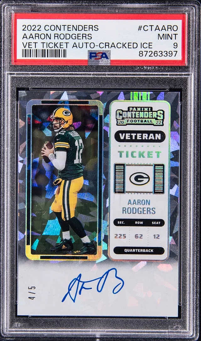 2022 Panini Contenders Aaron Rodgers Vet Ticket Autograph Cracked Ice #CTA-ARO card image