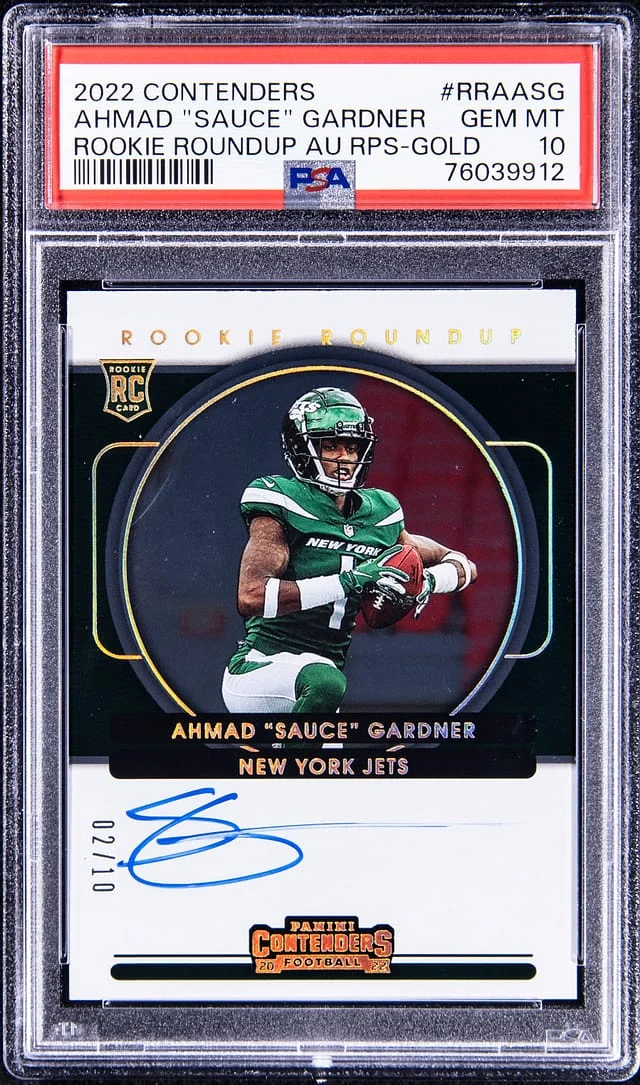 2022 Panini Contenders Ahmad Sauce Gardner Roundup Autograph Gold #RRAASG card image