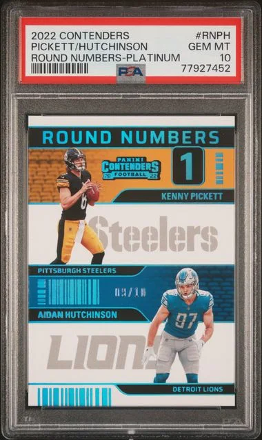 2022 Panini Contenders Aidan Hutchinson/Kenny Pickett Round Numbers Platinum #RNPH card image