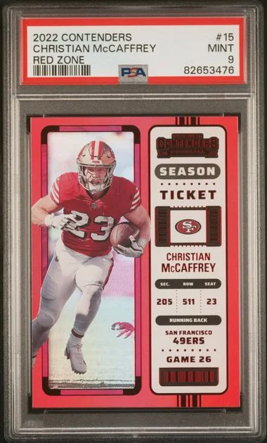 2022 Panini Contenders Christian Mccaffrey Red Zone Season Ticket #15 card image