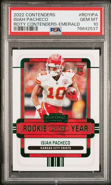 2022 Panini Contenders Isiah Pacheco Of The Year Contenders Emerald #ROYIPA card image