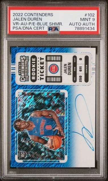 2022 Panini Contenders Jalen Duren Variation-Autograph-Premium Edition-Blue Shimmer Ticket #102 card image