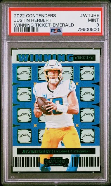 2022 Panini Contenders Justin Herbert Winning Ticket Emerald #WTJHE card image