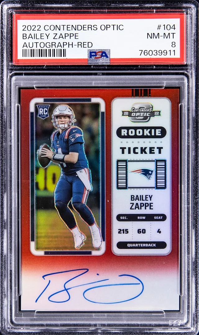 2022 Panini Contenders Optic Bailey Zappe Autograph Red #104 card image