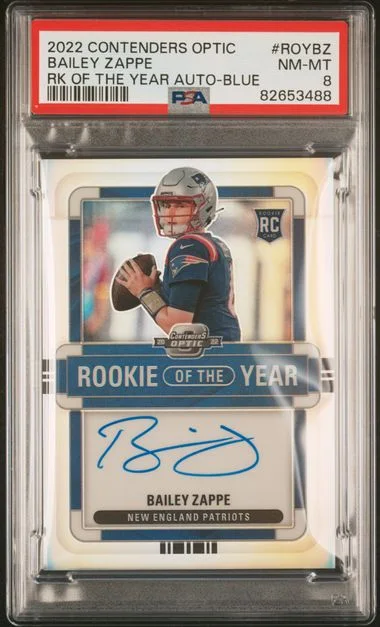 2022 Panini Contenders Optic Bailey Zappe Of The Year Contenders Autographs Blue #ROY-BZ card image
