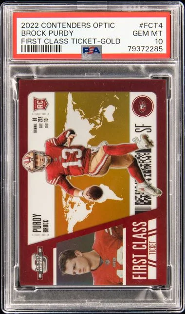 2022 Panini Contenders Optic Brock Purdy First Class Ticket Gold Prizm #FCT4 card image